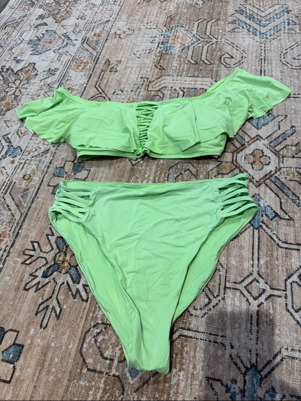 TiniBikini Neon Green Off-Shoulder Ruffle Bikini Set